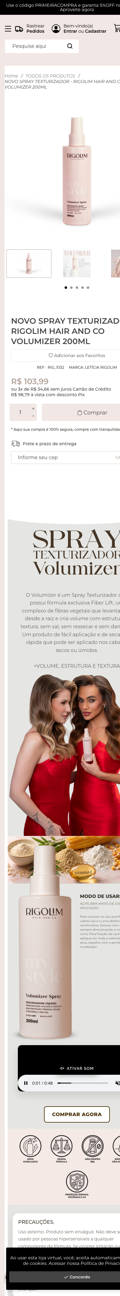 Página de produto no mobile com campos cortados